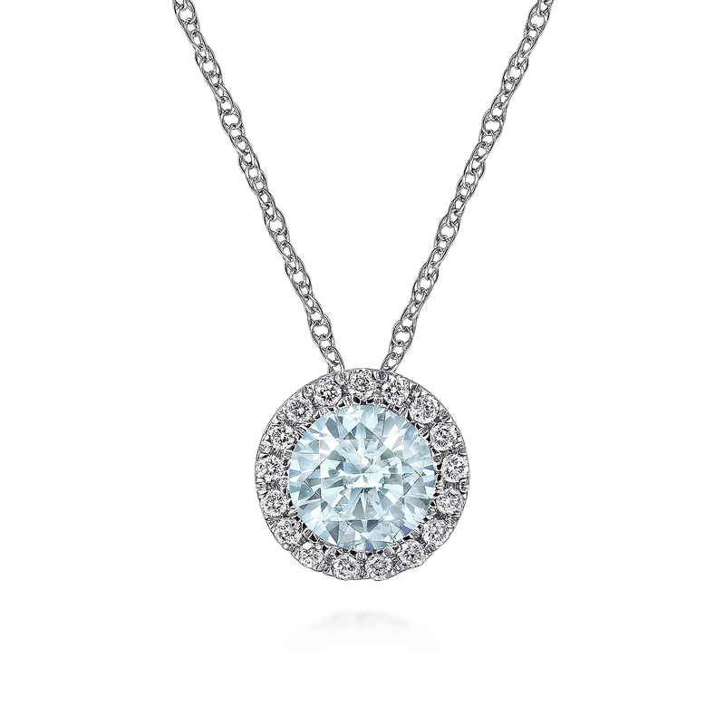 14k White Gold Diamond Halo Aquamarine Pendant Necklace