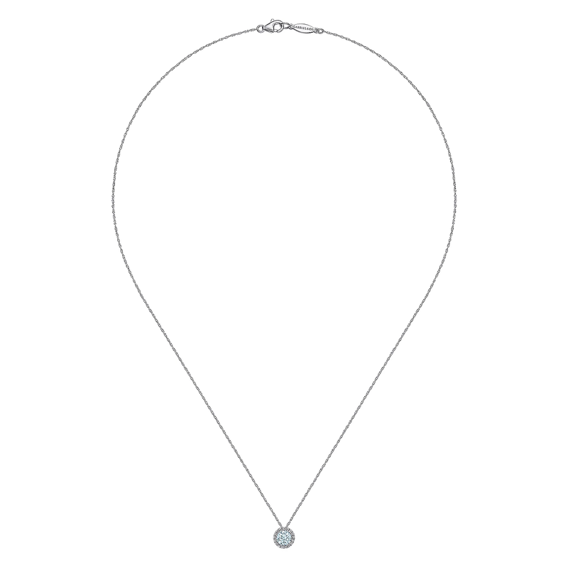 14k White Gold Diamond Halo Aquamarine Pendant Necklace