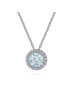 14k White Gold Diamond Halo Aquamarine Pendant Necklace