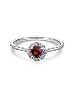 14K White Gold Garnet and Diamond Halo Promise Ring