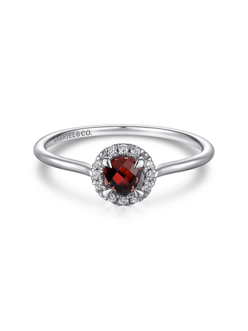 14K White Gold Garnet and Diamond Halo Promise Ring