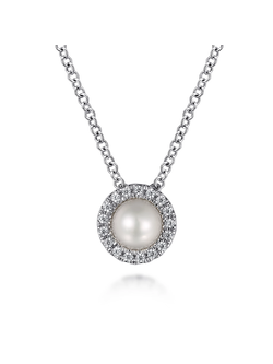 14K White Gold Pearl and Diamond Halo Pendant Necklace