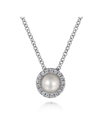 14K White Gold Pearl and Diamond Halo Pendant Necklace