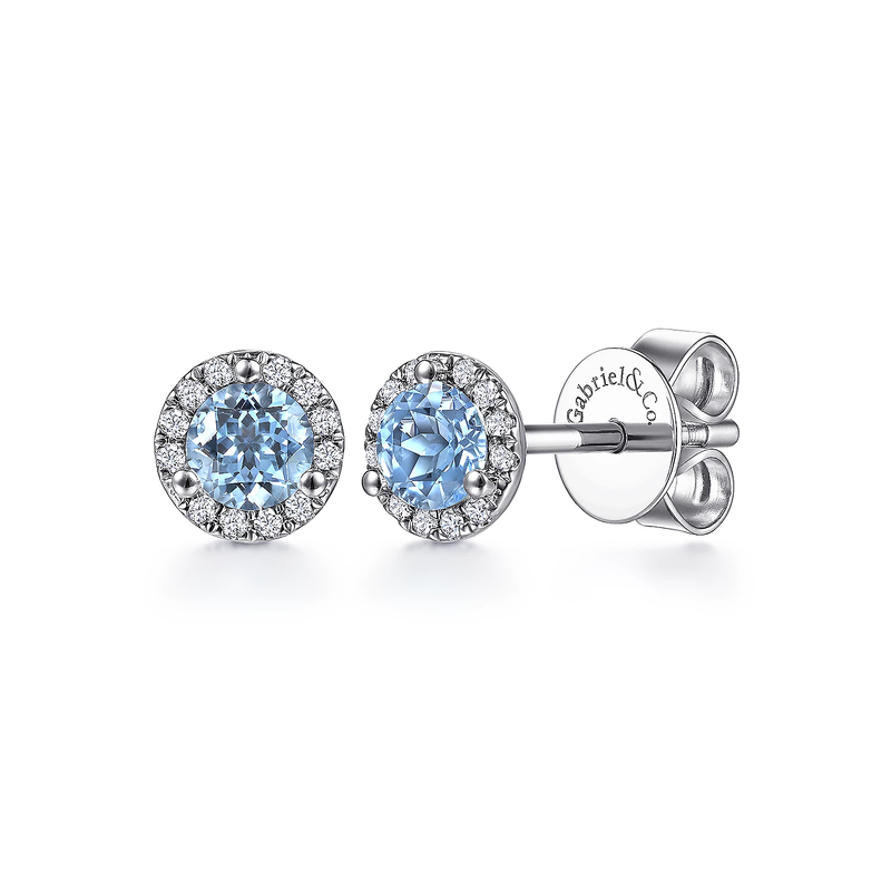 14K White Gold Round Blue Topaz and Diamond Halo Stud Earring