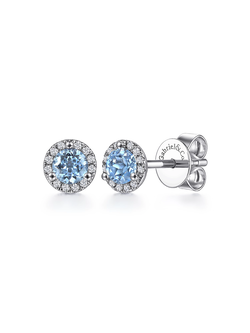 14K White Gold Round Blue Topaz and Diamond Halo Stud Earring