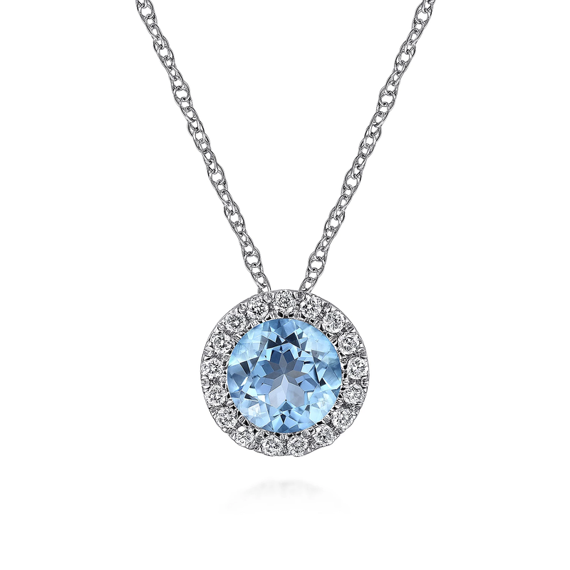 14K White Gold Round Swiss Blue Topaz and Diamond Halo Pendant Necklace