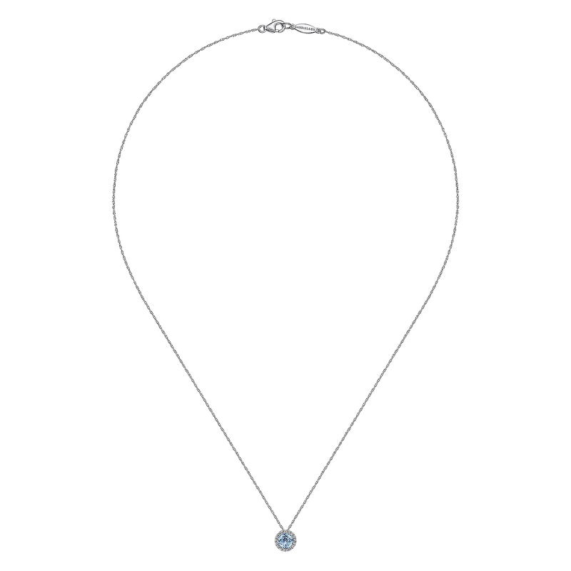 14K White Gold Round Swiss Blue Topaz and Diamond Halo Pendant Necklace