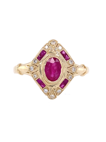 14K Yellow Gold Ruby and Diamond Vintage Inspired Ring