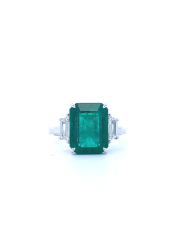 18K White Gold Emerald and Diamond Three Stone Ring