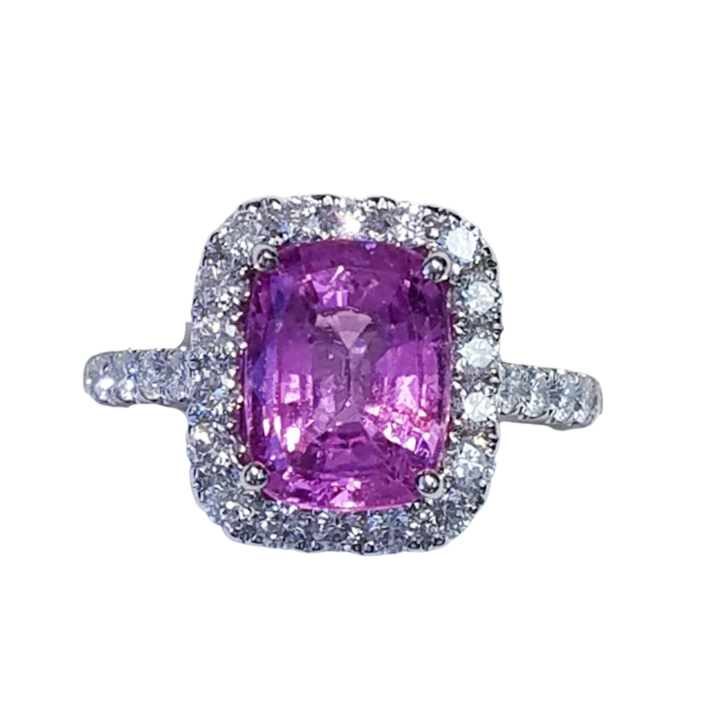 18K White Gold Pink Sapphire Diamond Halo Ring