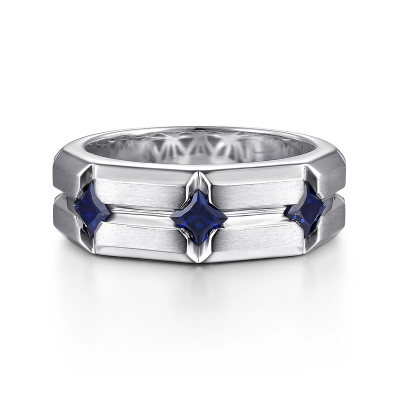 925 Sterling Silver Ring with Princess Cut Sapphire Stations