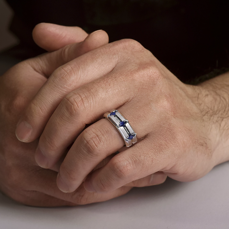 925 Sterling Silver Ring with Princess Cut Sapphire Stations